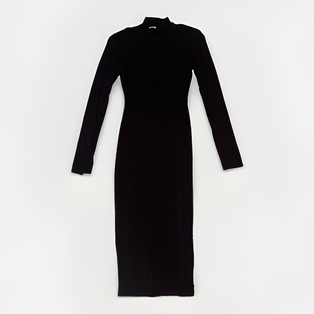 Good American Black Mock Neck Long Sleeve Bodycon Dress Knit Stretch Slit Size 1